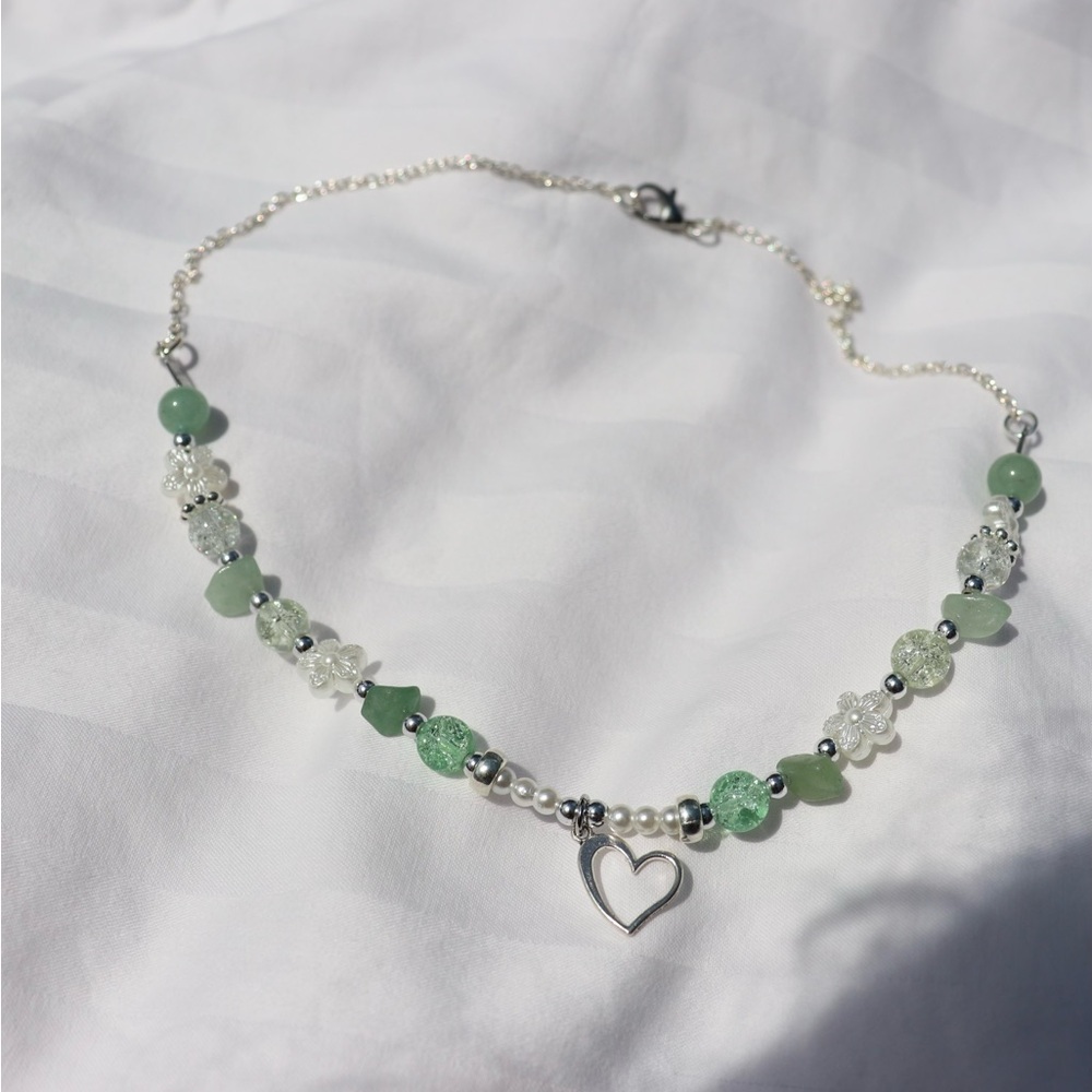Silver Heart Charm Necklace with Green Beads